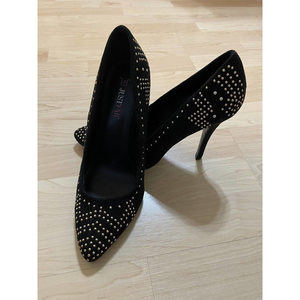 Justfab Women's Black Suede Gold Rhinestones Pumps Heels 4.5" Size 9M